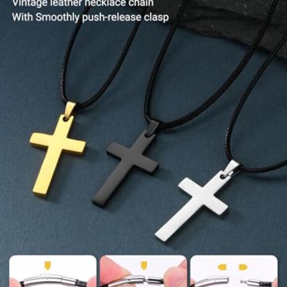 Stainless Steel Pendant Necklace with Leather Cord, 22 Inch - Picture 6 of 8